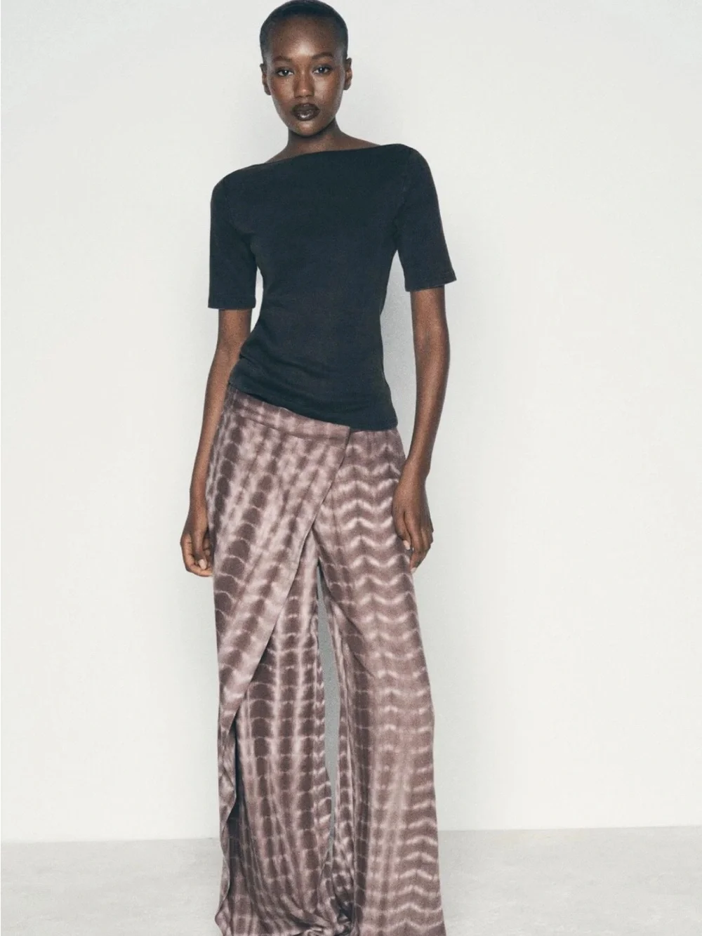 Zara Taupe Tie-Dye Wrap Wide-Leg Linen Blend Pants L